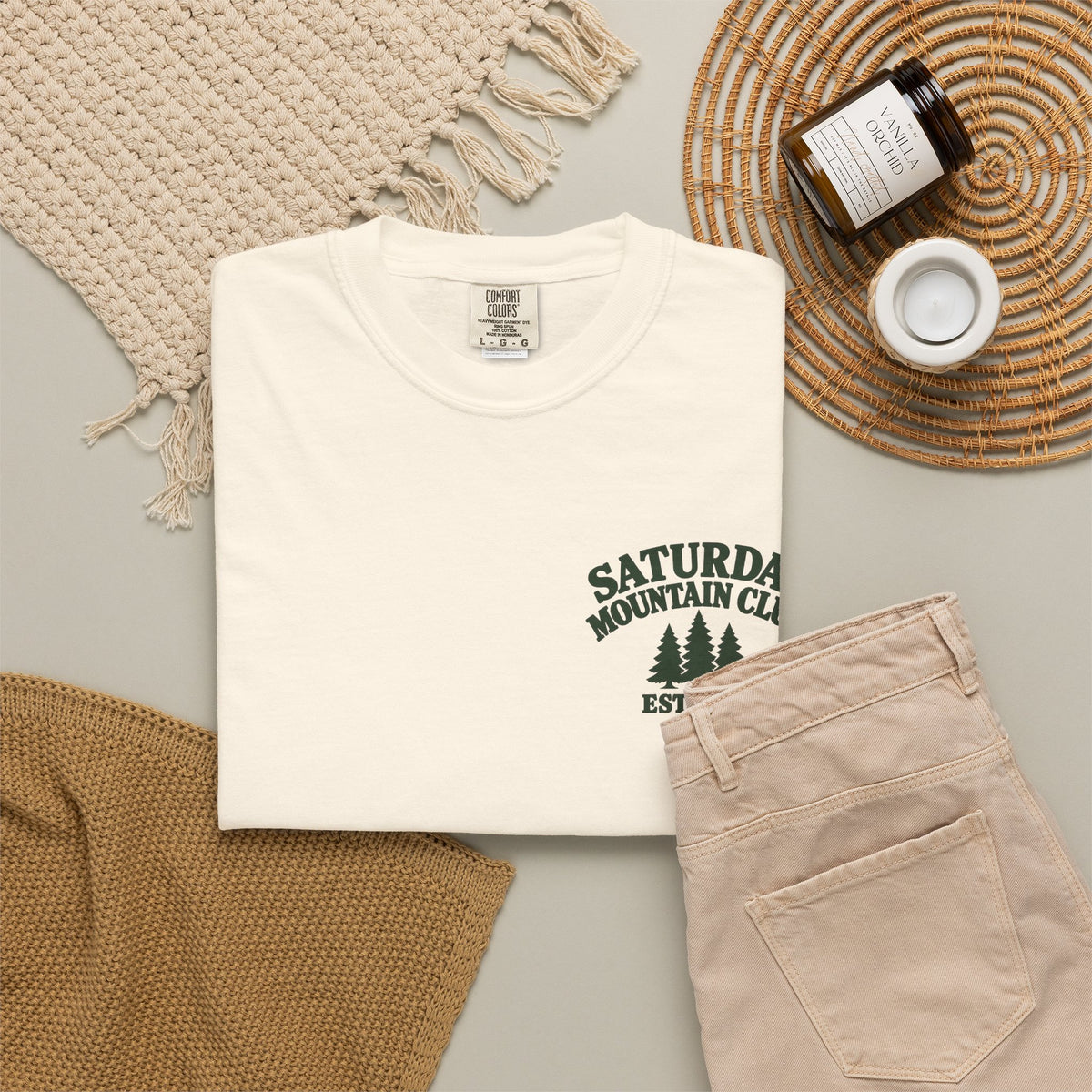 Saturday Mountain Club Camping T-Shirt — Vintage Nighttime Campfire Tee — product photo