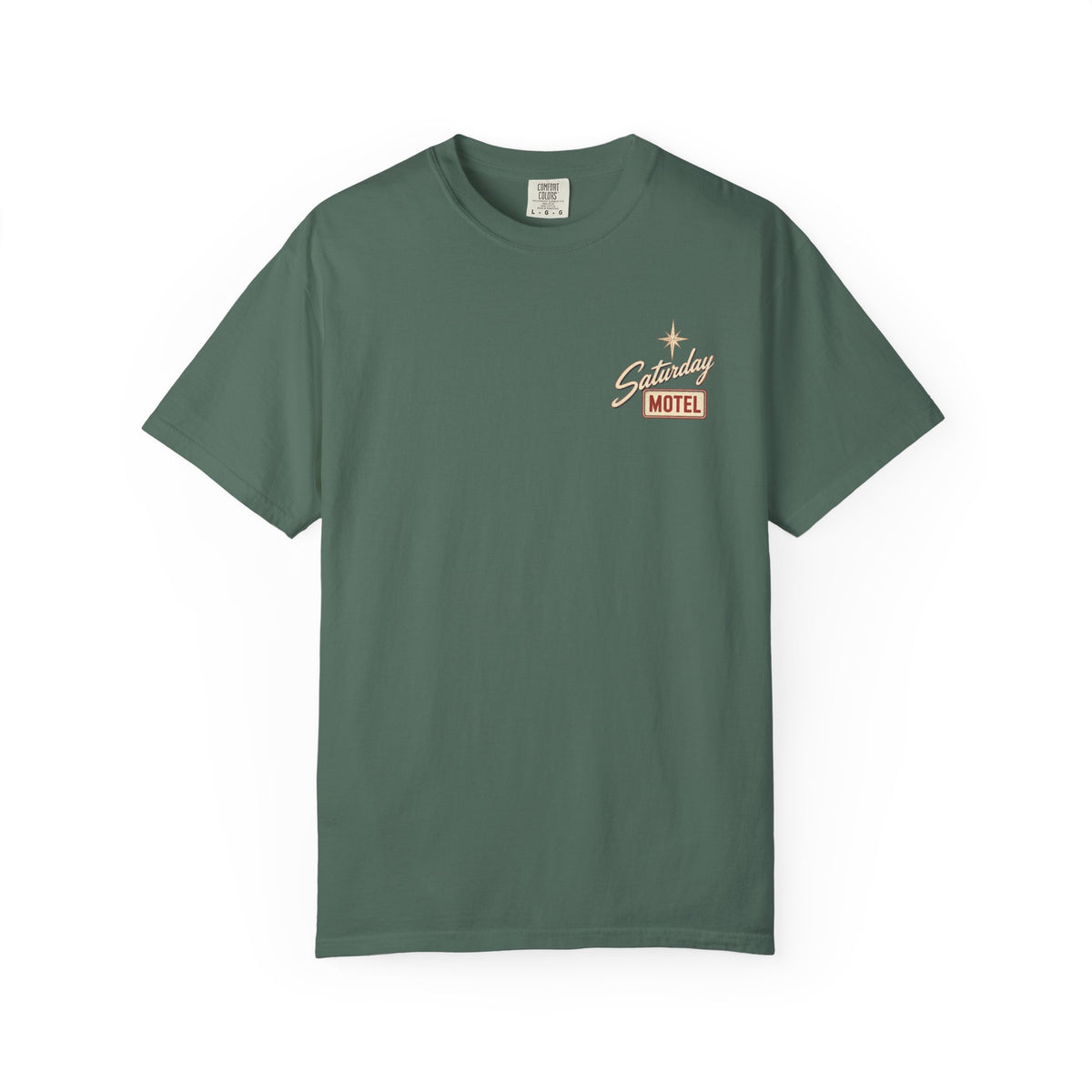 Saturday Motel T-Shirt — Vintage Roadside Sign Retro Tee — Blue Spruce colorway