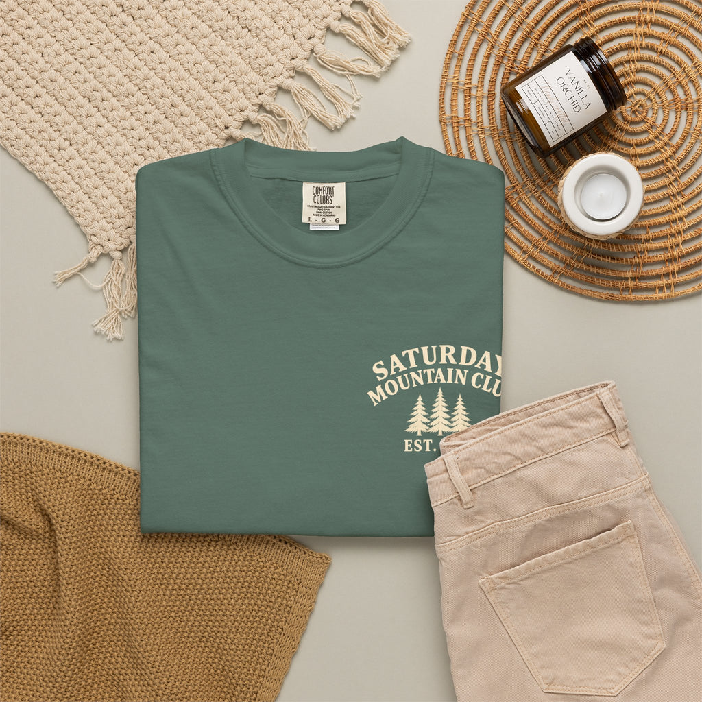 Saturday Mountain Club Camping T-Shirt — Vintage Nighttime Campfire Tee — product photo