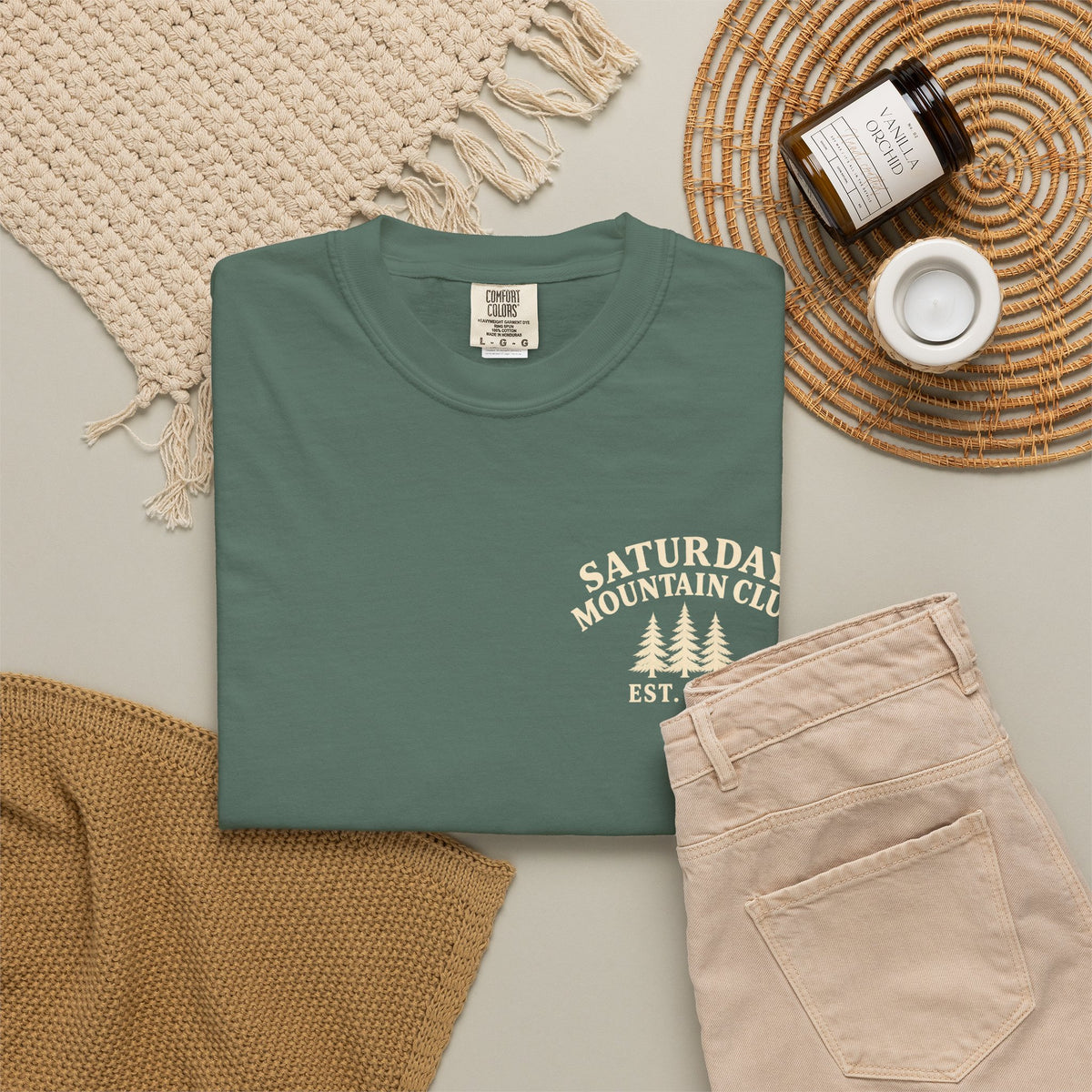Saturday Mountain Club Camping T-Shirt — Vintage Nighttime Campfire Tee — product photo