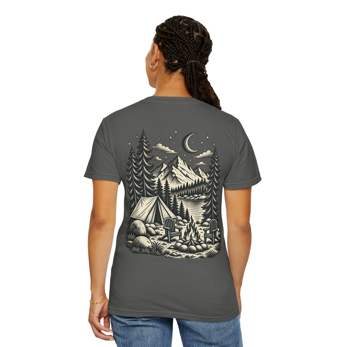 Saturday Mountain Club Camping T-Shirt — Vintage Nighttime Campfire Tee — product photo