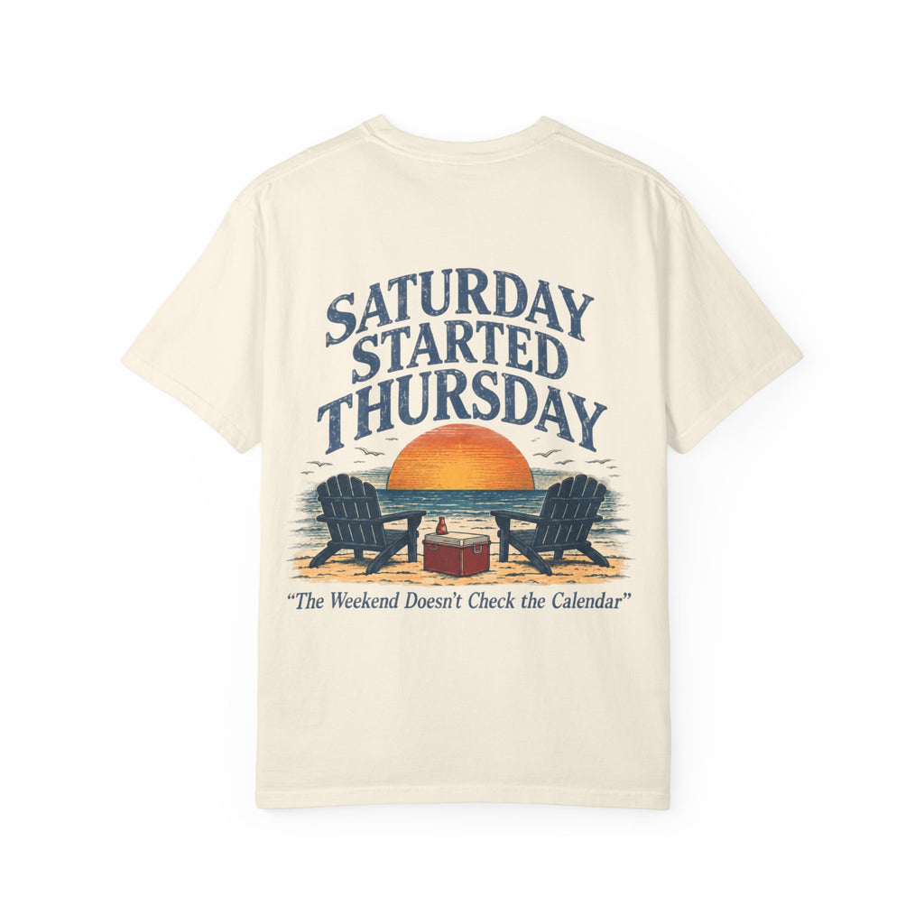 T-Shirt — "Saturday Started Thursday" Beach Sunset Tee — product photo