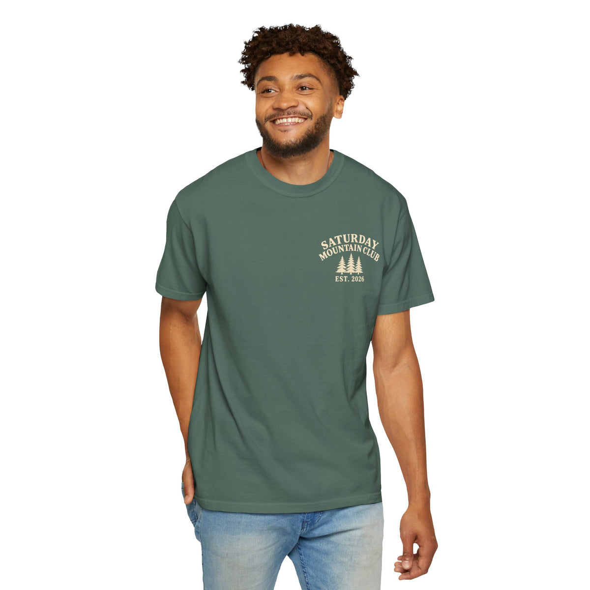 Saturday Mountain Club Camping T-Shirt — Vintage Nighttime Campfire Tee — product photo
