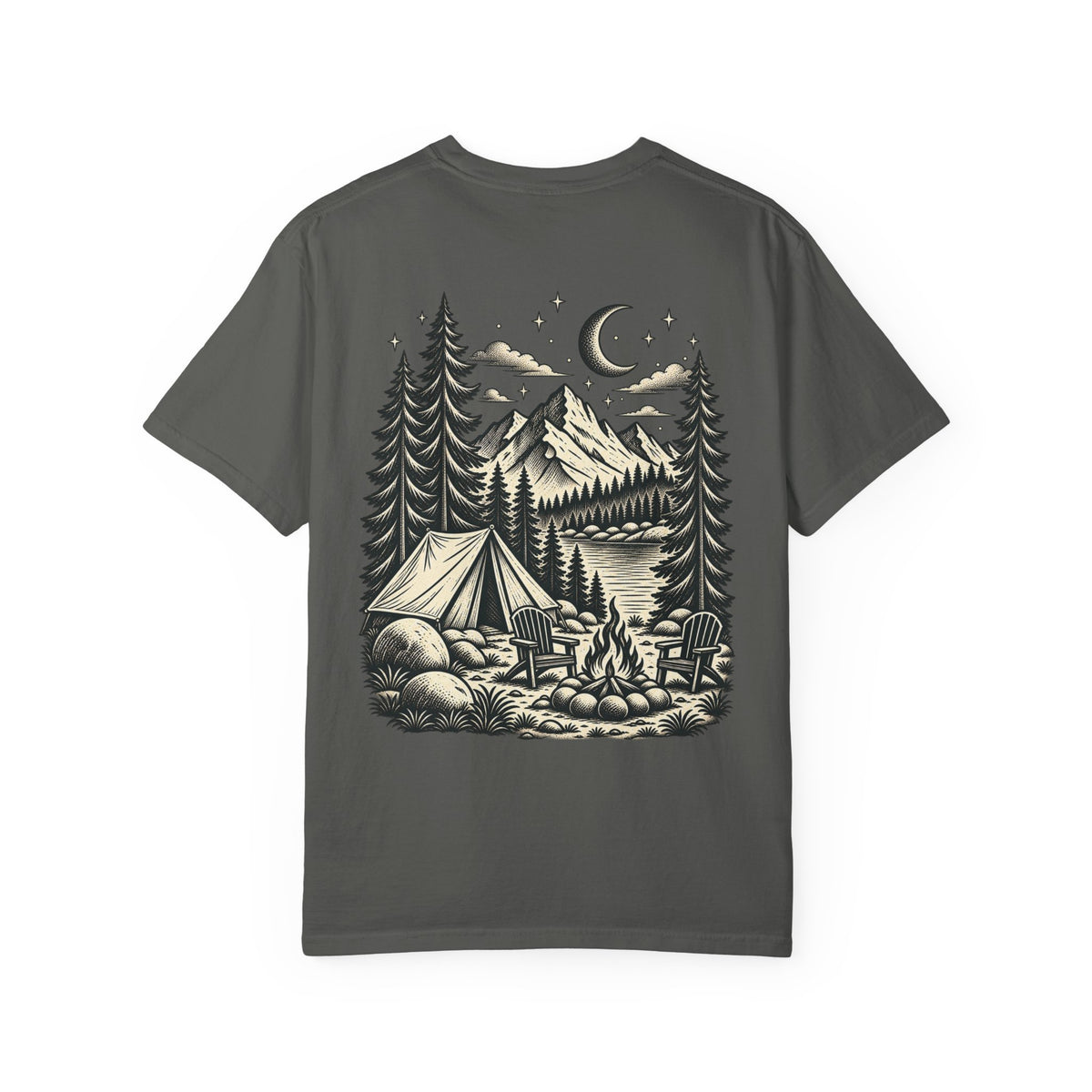 Saturday Mountain Club Camping T-Shirt — Vintage Nighttime Campfire Tee — product photo