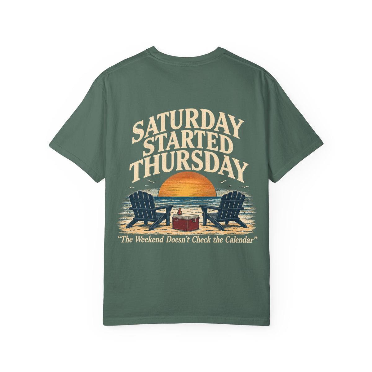T-Shirt — "Saturday Started Thursday" Beach Sunset Tee — product photo