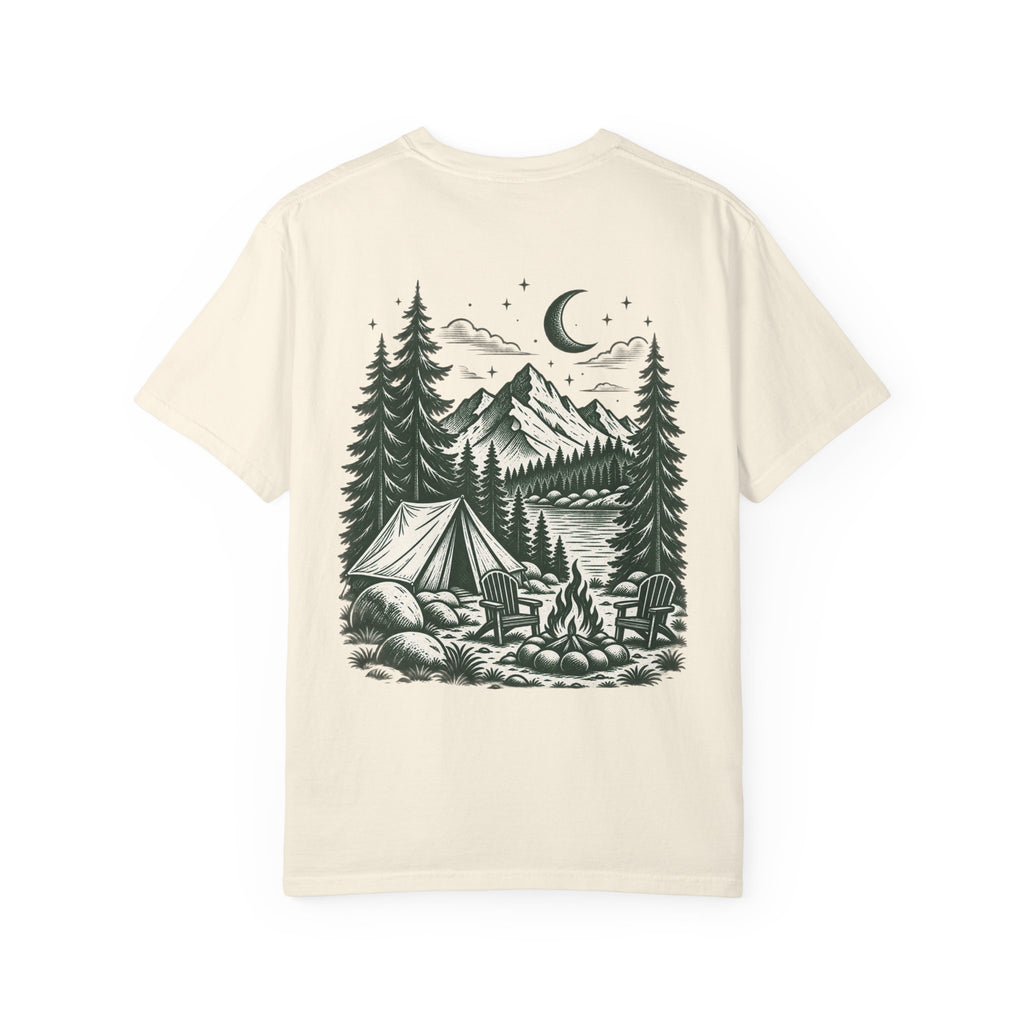 Saturday Mountain Club Camping T-Shirt — Vintage Nighttime Campfire Tee — product photo