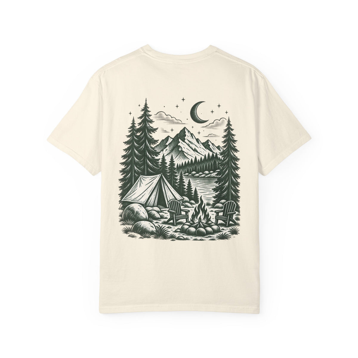 Saturday Mountain Club Camping T-Shirt — Vintage Nighttime Campfire Tee — product photo