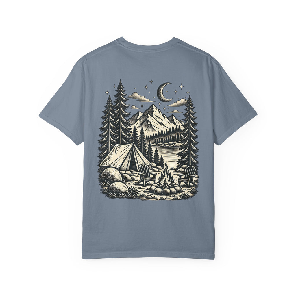 Saturday Mountain Club Camping T-Shirt — Vintage Nighttime Campfire Tee — product photo