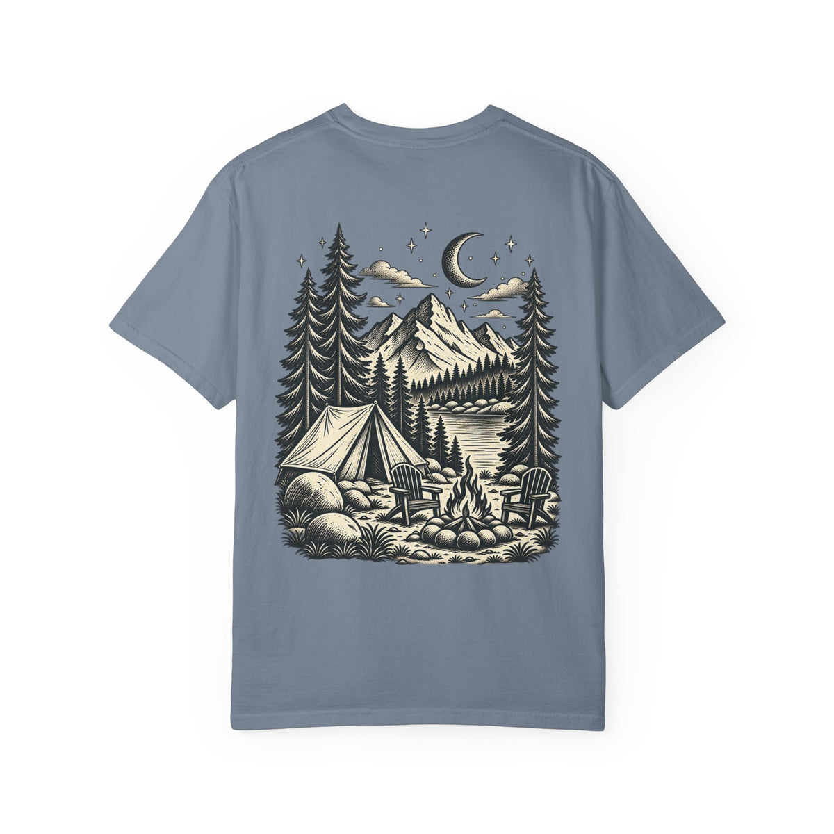 Saturday Mountain Club Camping T-Shirt — Vintage Nighttime Campfire Tee — product photo