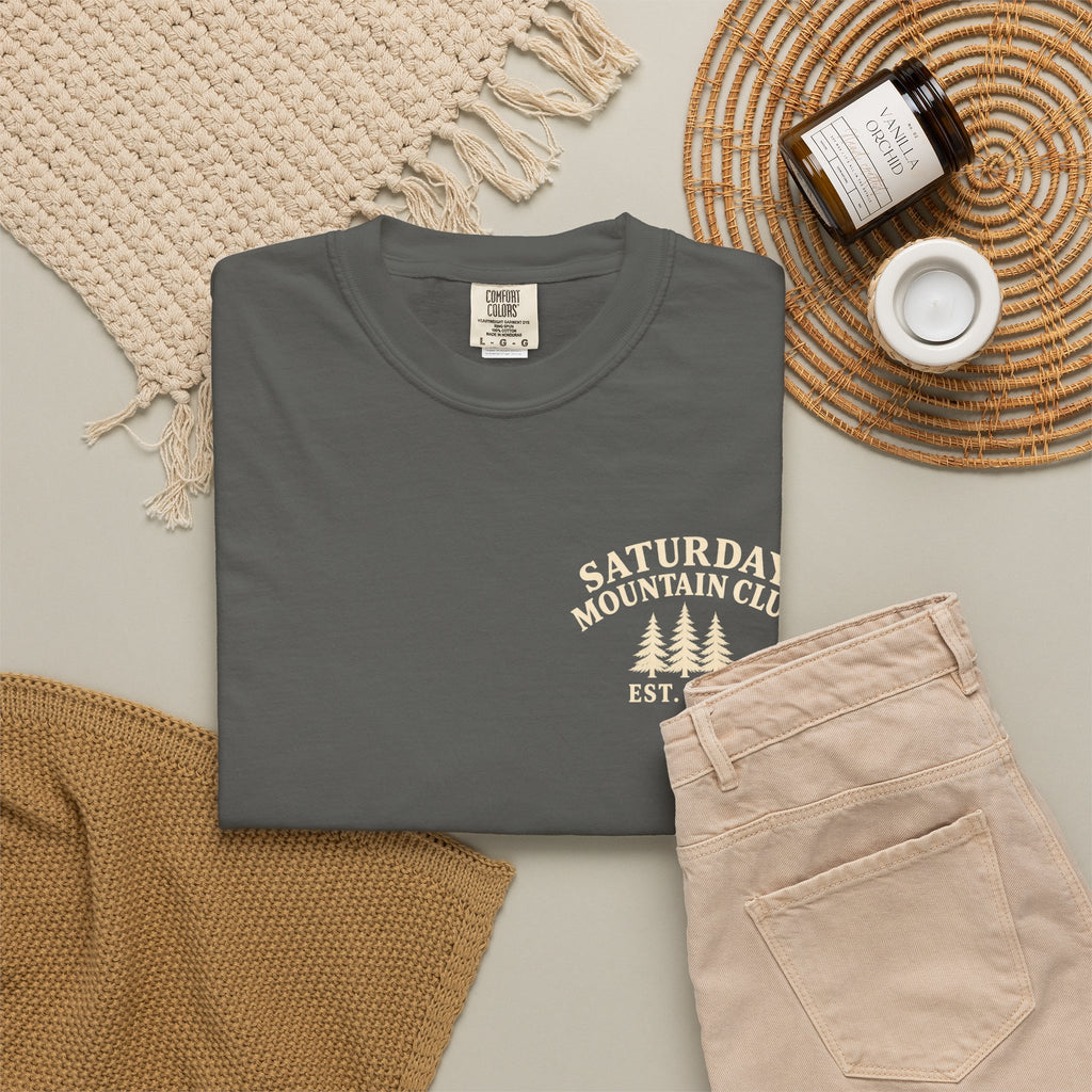 Saturday Mountain Club Camping T-Shirt — Vintage Nighttime Campfire Tee — product photo