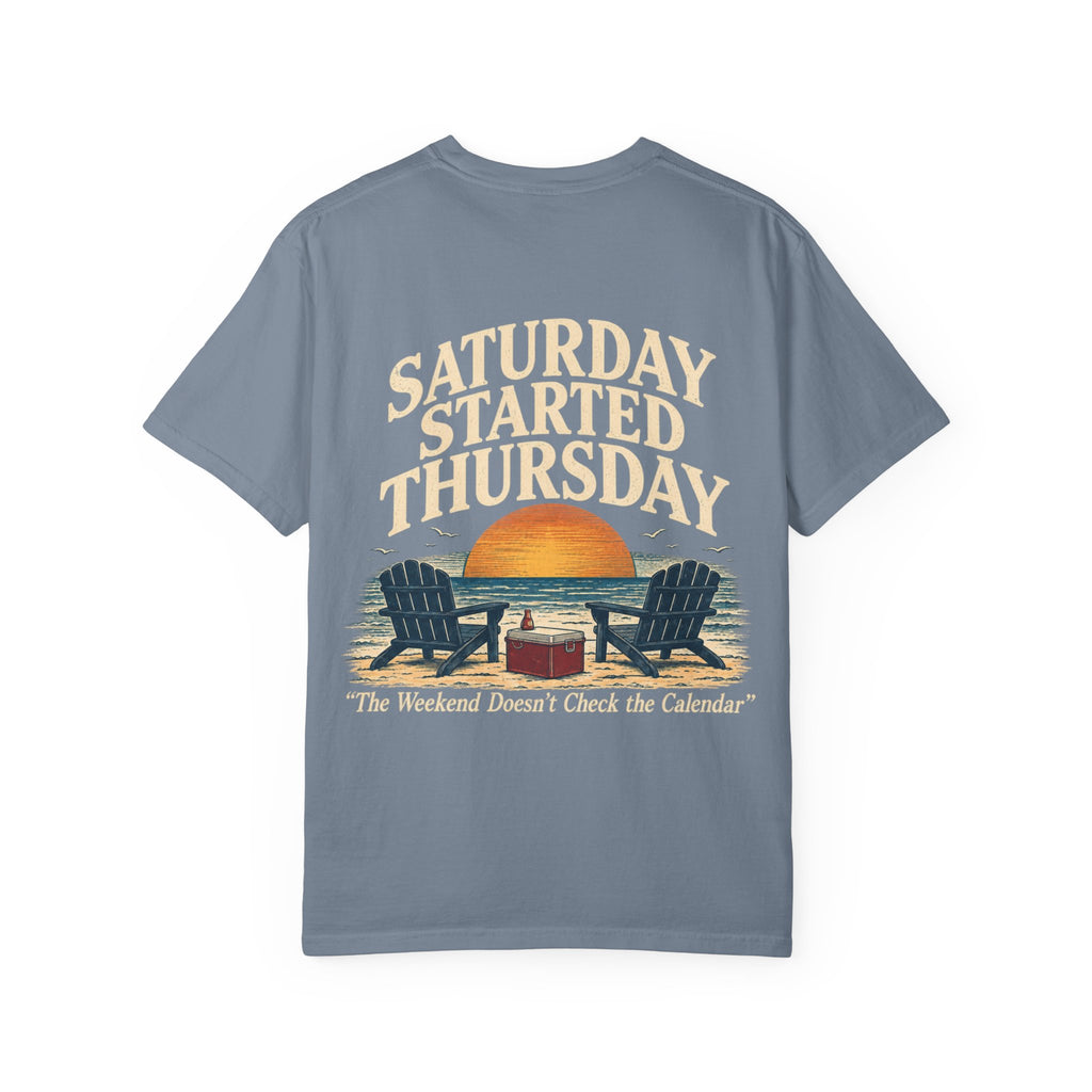 T-Shirt — "Saturday Started Thursday" Beach Sunset Tee — product photo
