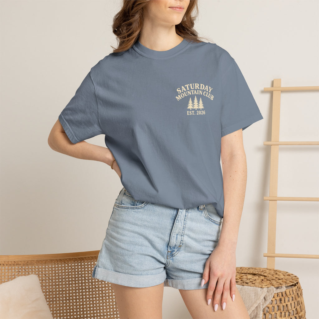 Saturday Mountain Club Camping T-Shirt — Vintage Nighttime Campfire Tee — product photo
