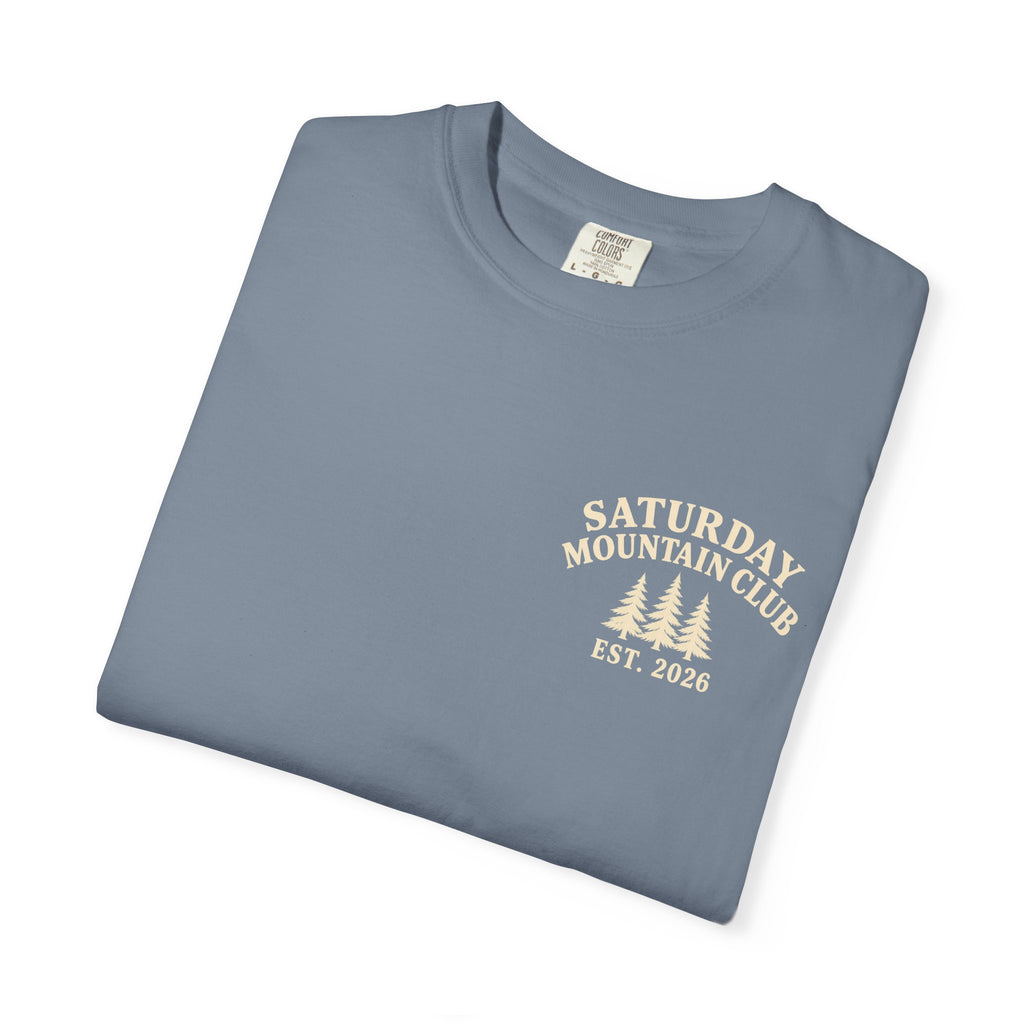 Saturday Mountain Club Camping T-Shirt — Vintage Nighttime Campfire Tee — product photo
