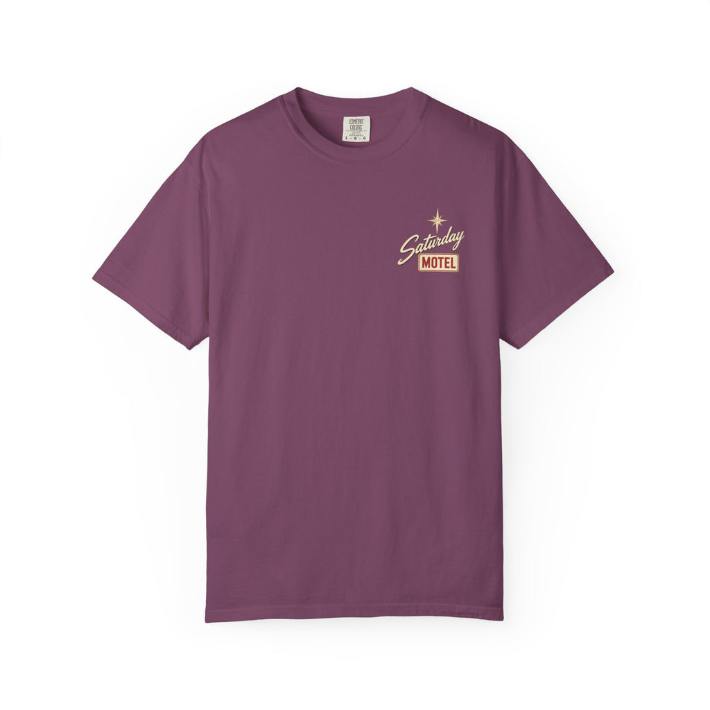 Saturday Motel T-Shirt — Vintage Roadside Sign Retro Tee — Berry colorway