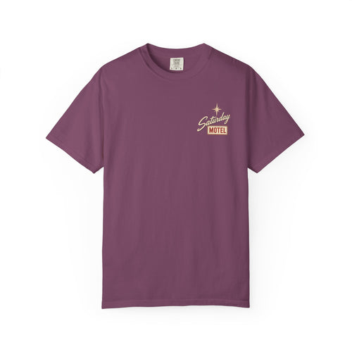 Saturday Motel T-Shirt — Vintage Roadside Sign Retro Tee — Berry colorway