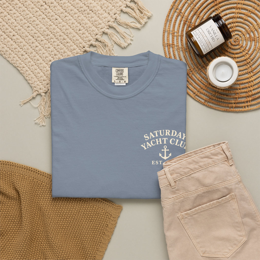 Saturday Yacht Club Sailboat T-Shirt — Nautical Vintage Harbor Graphic Tee — product photo