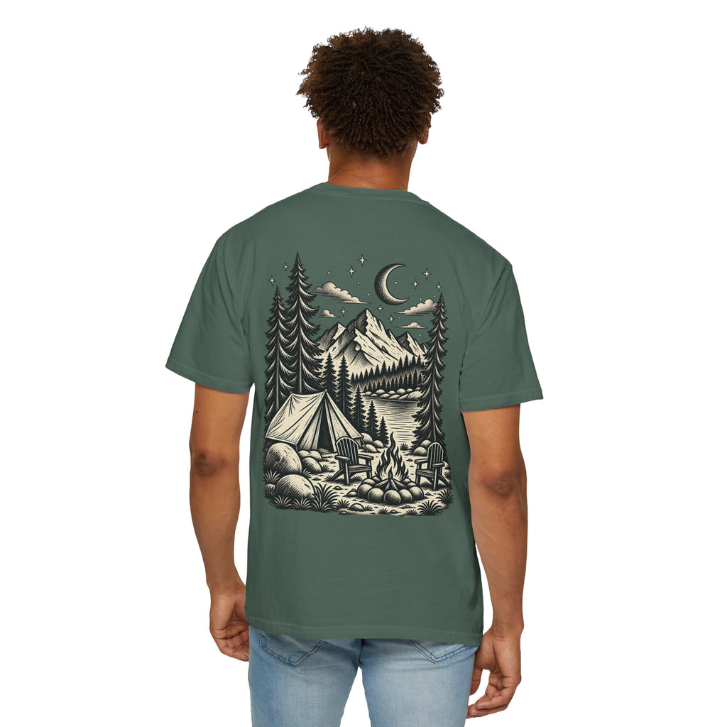 Saturday Mountain Club Camping T-Shirt — Vintage Nighttime Campfire Tee — product photo