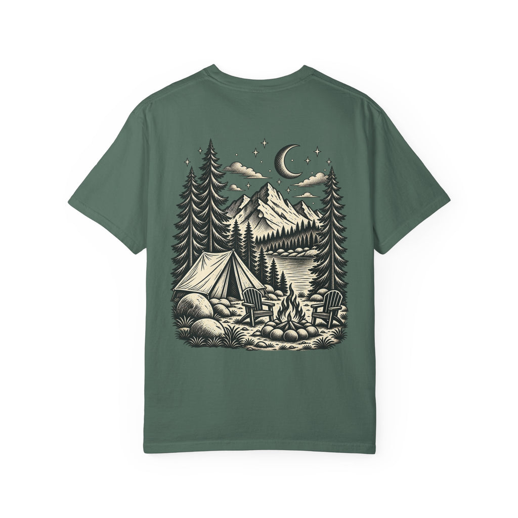 Saturday Mountain Club Camping T-Shirt — Vintage Nighttime Campfire Tee — product photo