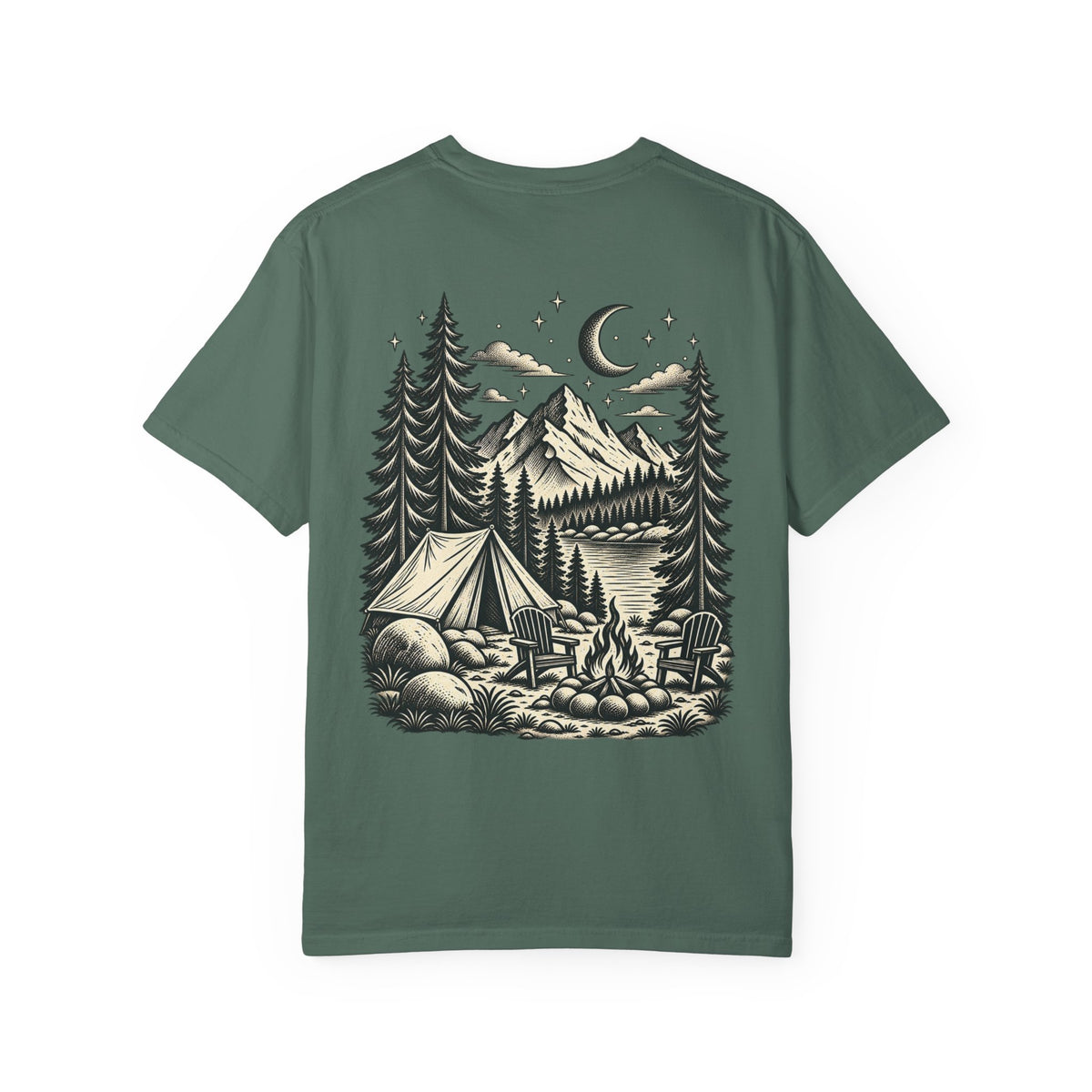 Saturday Mountain Club Camping T-Shirt — Vintage Nighttime Campfire Tee — product photo