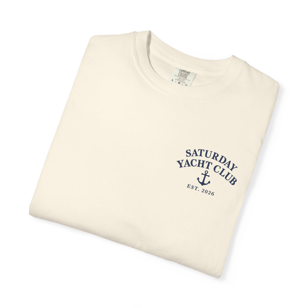 Saturday Yacht Club Sailboat T-Shirt — Nautical Vintage Harbor Graphic Tee — product photo