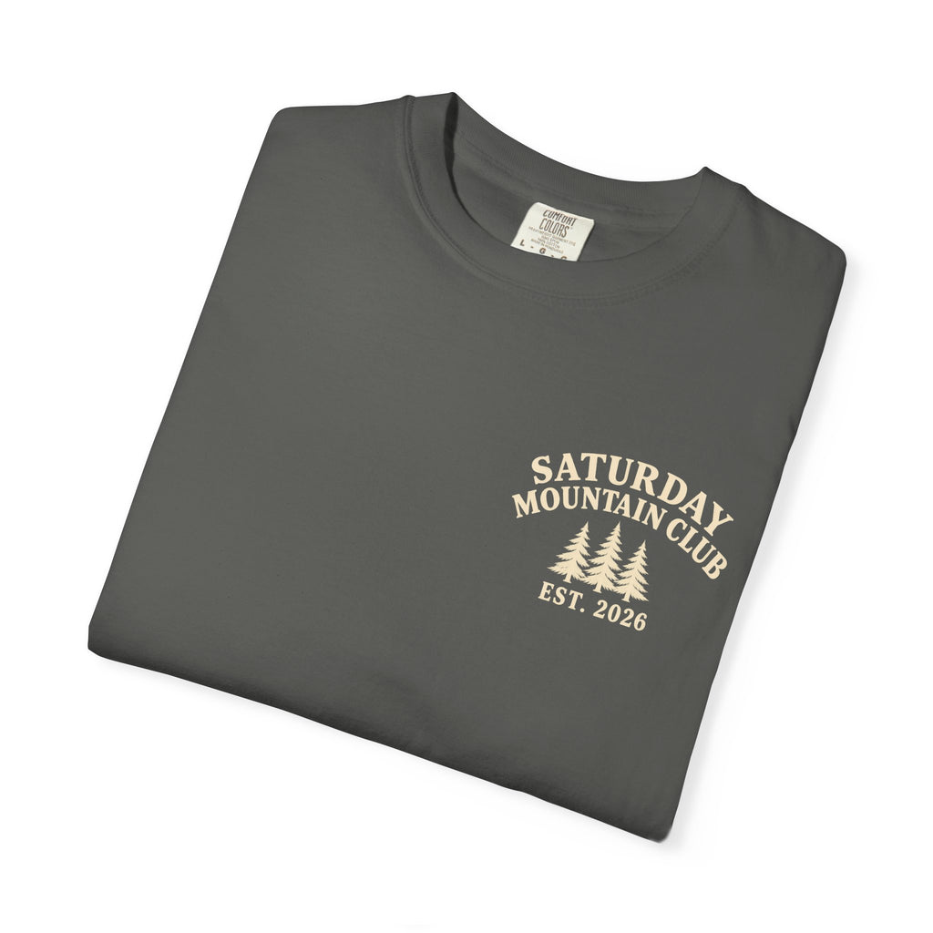Saturday Mountain Club Camping T-Shirt — Vintage Nighttime Campfire Tee — product photo