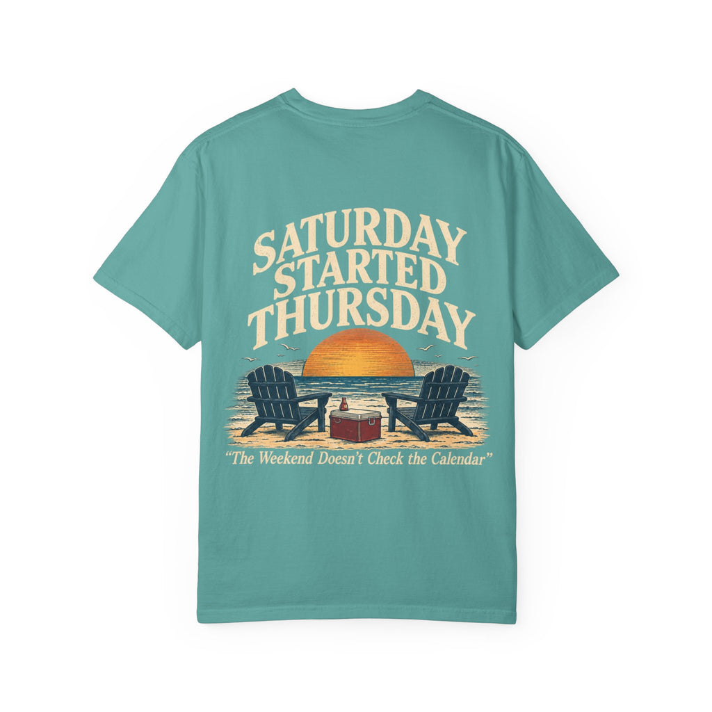 T-Shirt — "Saturday Started Thursday" Beach Sunset Tee — product photo