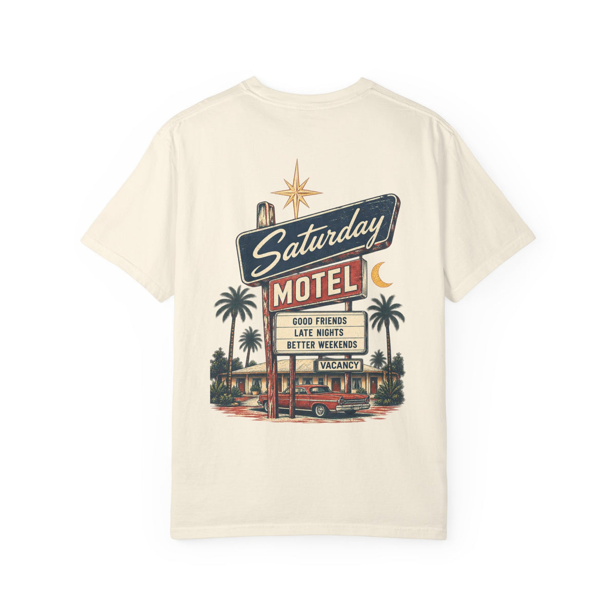 Saturday Motel T-Shirt — Vintage Roadside Sign Retro Tee — product photo