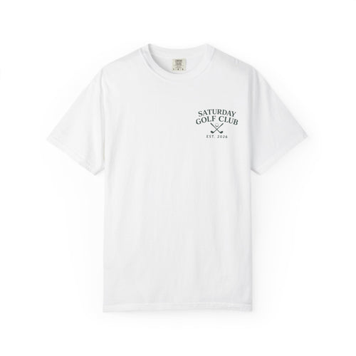 Saturday Golf Club T‑Shirt — Vintage Golf Course Illustration Tee — White colorway