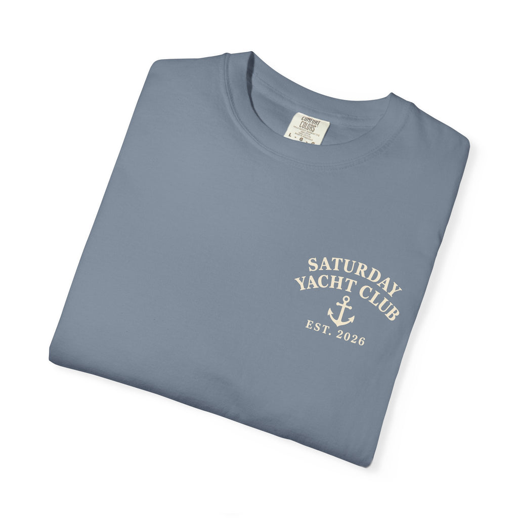 Saturday Yacht Club Sailboat T-Shirt — Nautical Vintage Harbor Graphic Tee — product photo